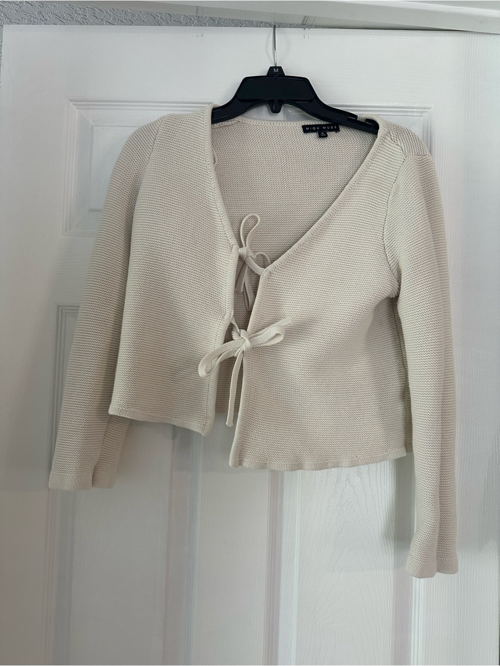 Miou Muse Cream Tie-Front Knit Sweater